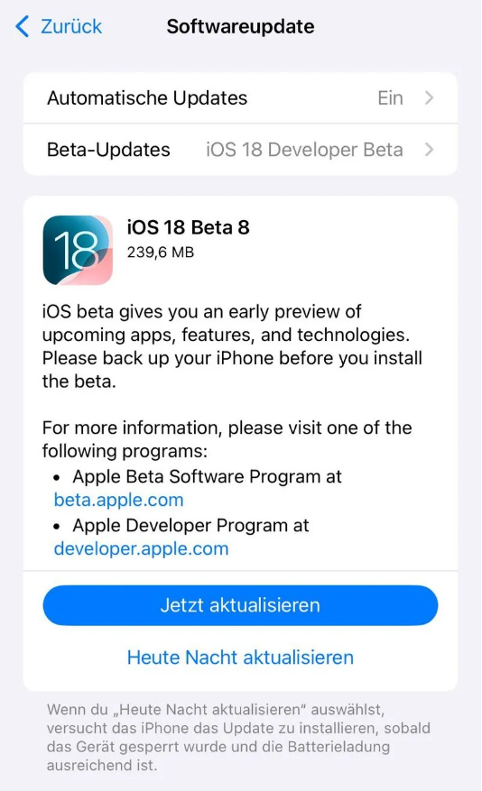 山亭苹果手机维修分享苹果 iOS / iPadOS 18 开发者预览版 Beta 8 发布 